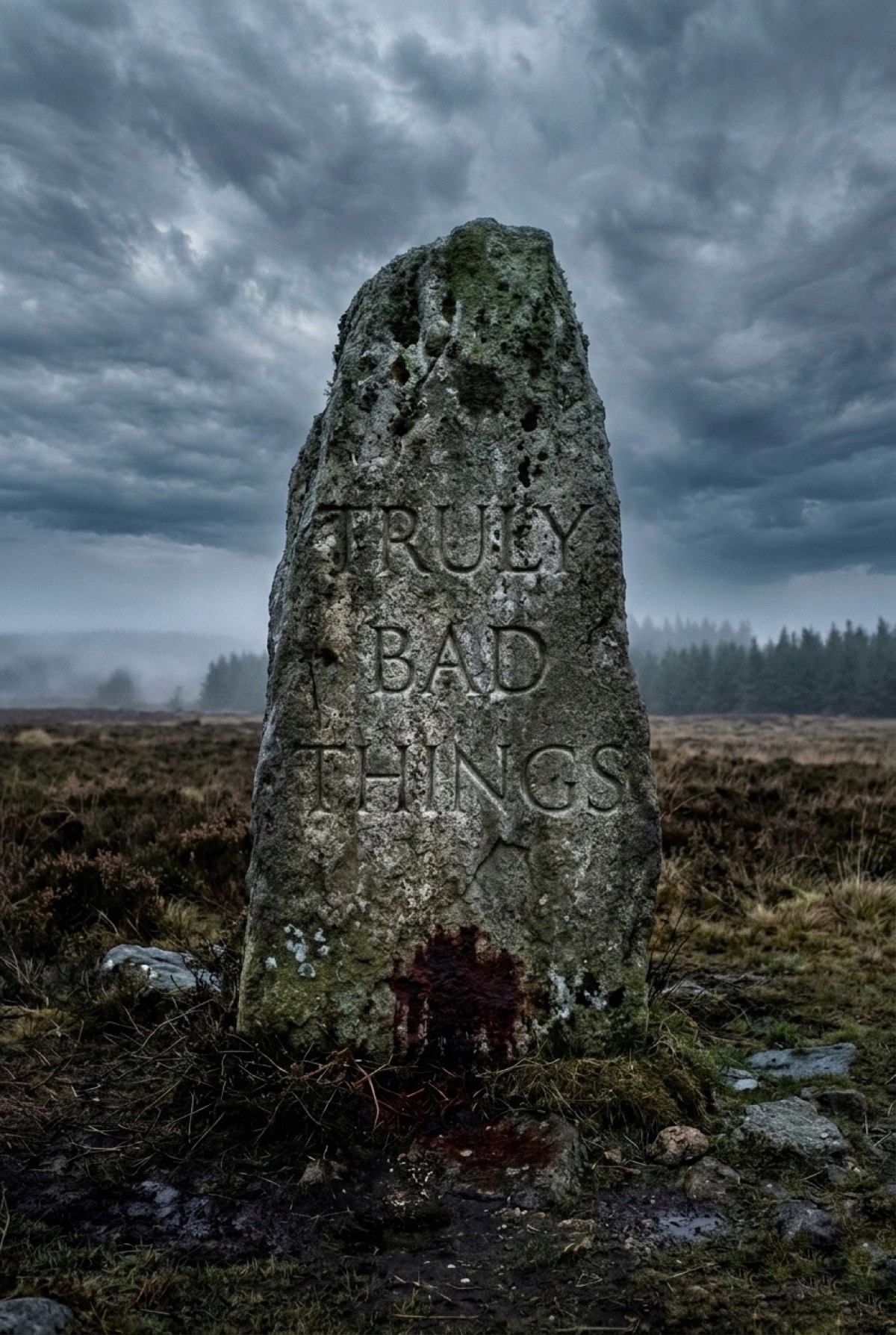 Standing stone with Truly Bad Things carved into it